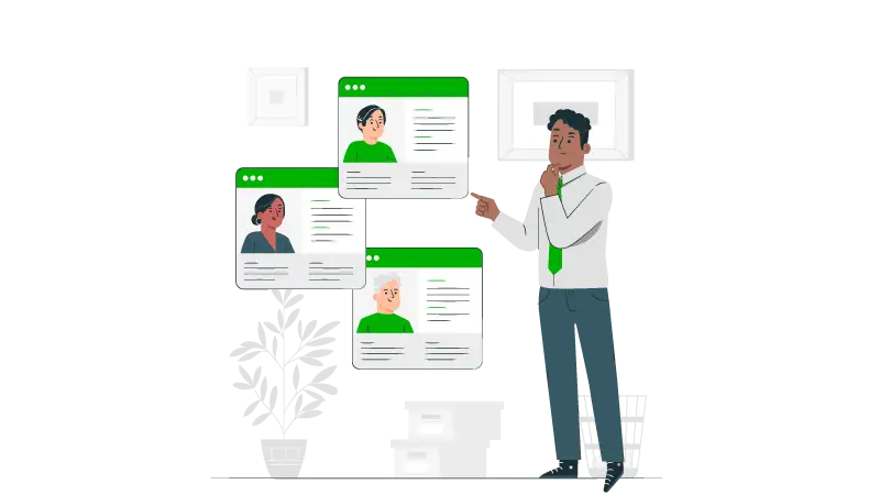 cliente ideal Imagem vetorizada de um homem escolhendo perfis de pessoas