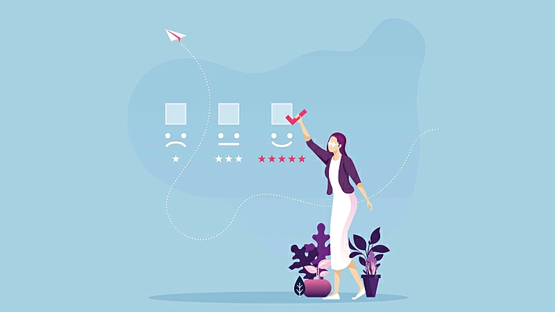 Gráfico de uma figura feminina fazendo uma avaliação positiva