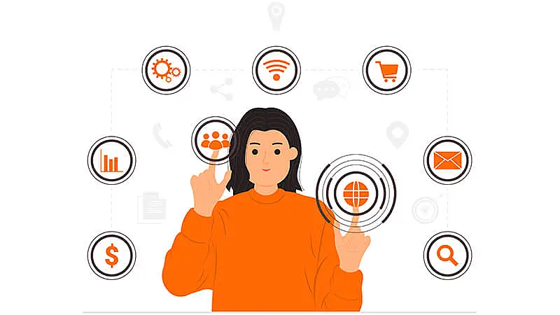 Gráfico de uma figura feminina apontando para ícones relacionados à produtos, vendas, marketing