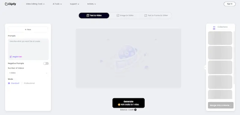 Clipfly AI video generator interface