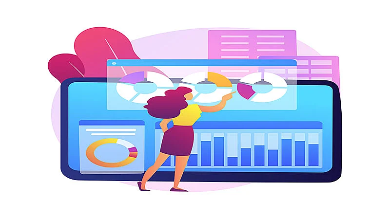 Arte de uma mulher vendo gráficos