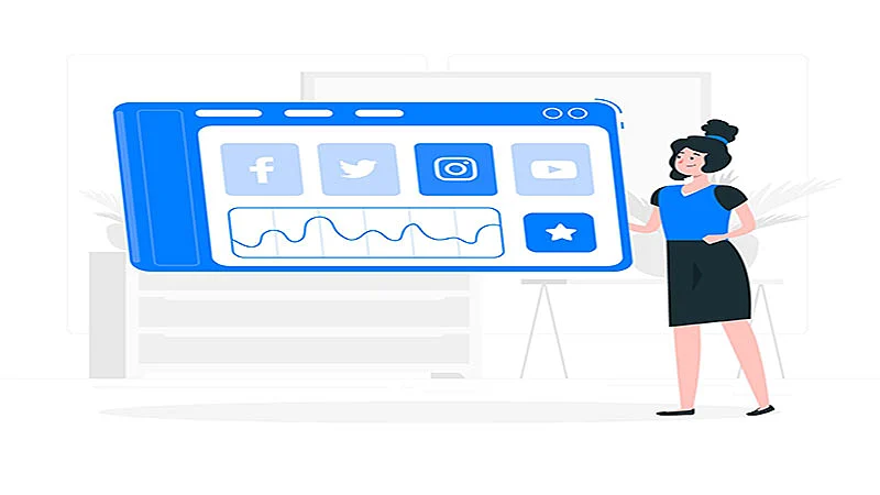 Arte de uma mulher olhando uma tela e simbolos de redes sociais