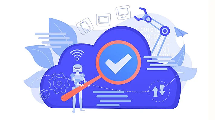 Ilustración de un robot que estudia la tecnología de la nube a través de una lupa.