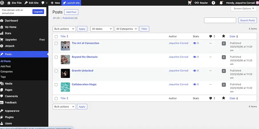 WordPress posts dashboard