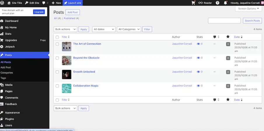 WordPress posts dashboard