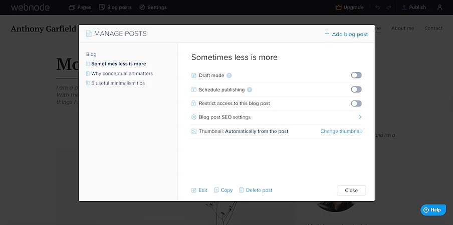 Webnode's editor "manage posts"  section