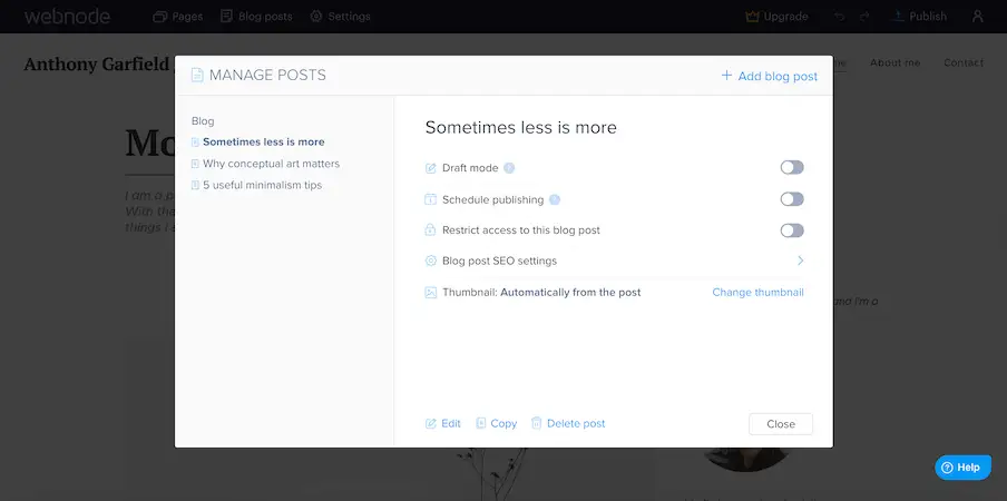 Webnode's editor "manage posts"  section
