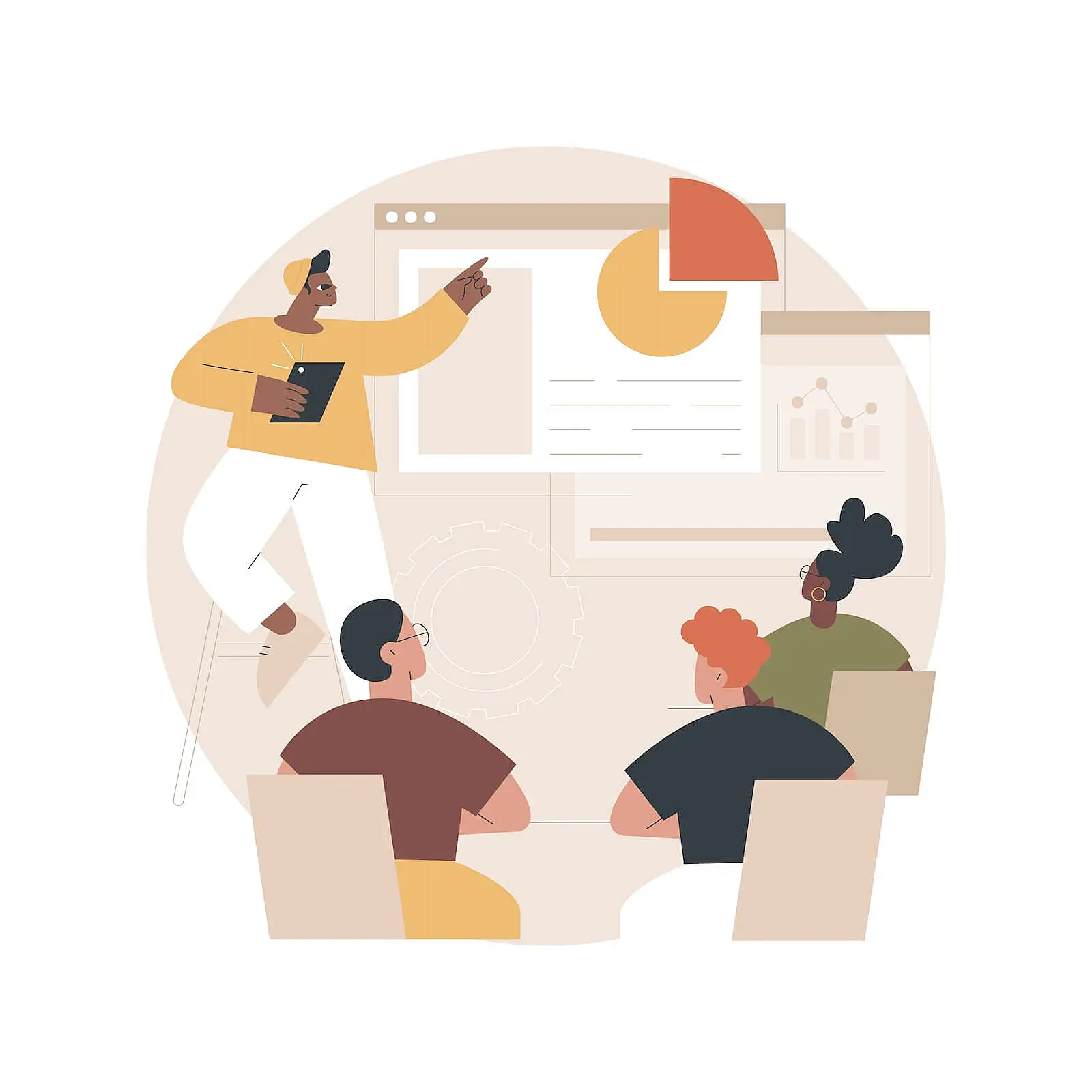 The image shows a man holding a tablet, and talking in front of an audience. There are several charts behind him 