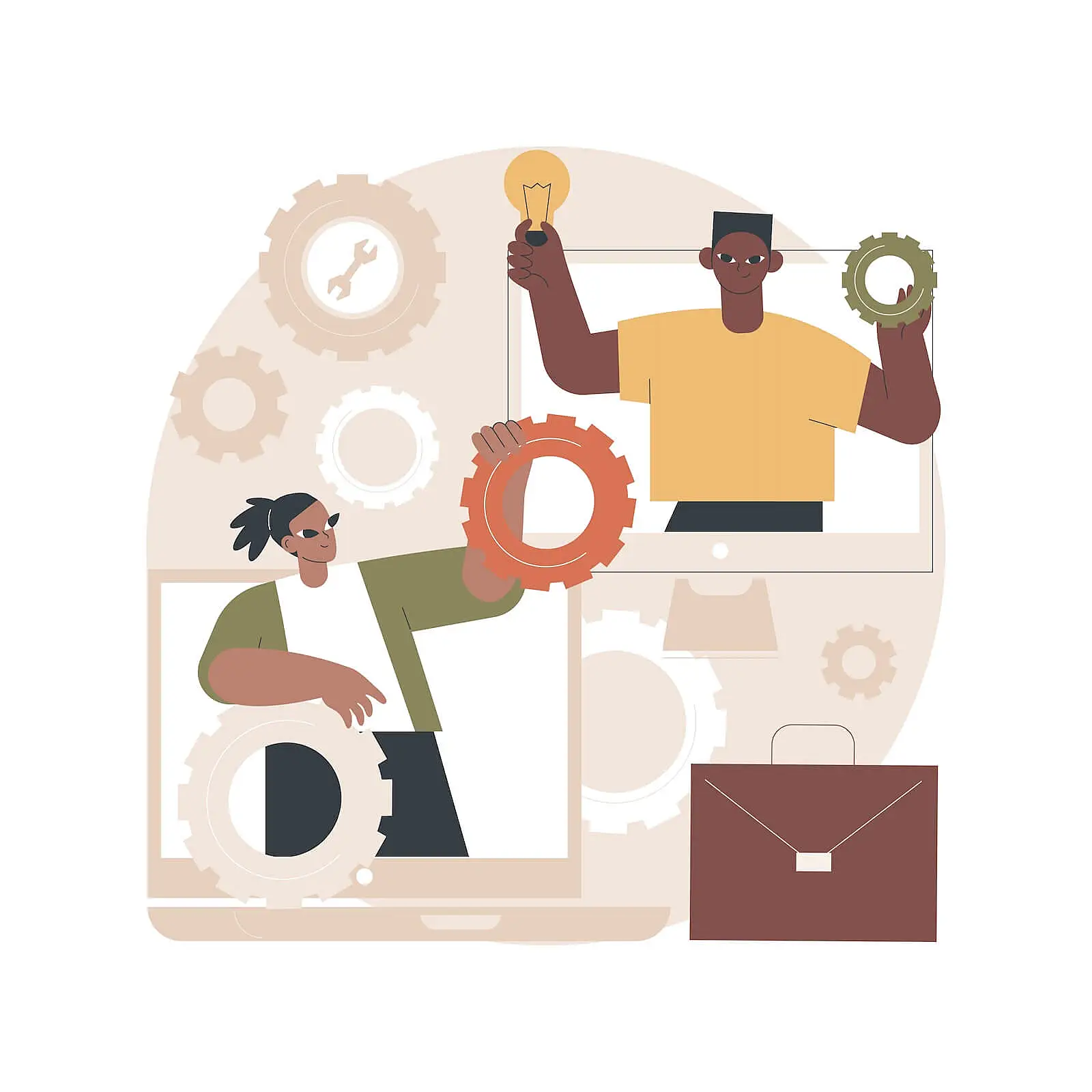 The image shows two people holding engines.