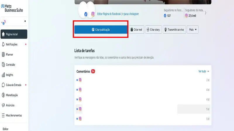 Como agendar post no Instagram Captura de tela do Meta Business Suite