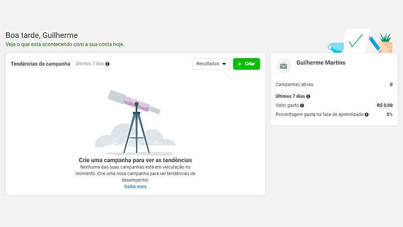 Página principal do processo de como criar um anuncio no facebook