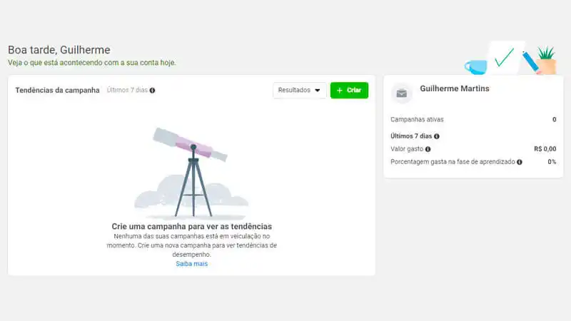 Página principal do processo de como criar um anuncio no facebook