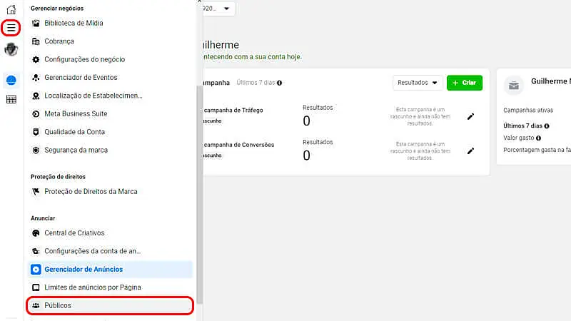 Captura de tela mostrando como acessar públicos no gerenciador do anúncios