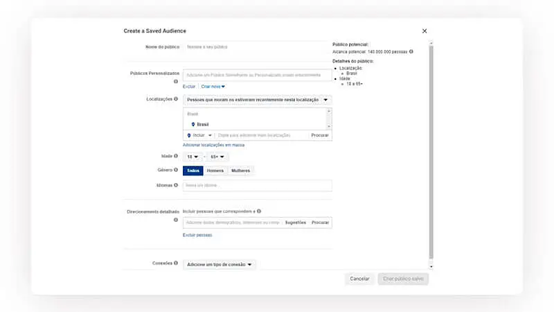 Página de criação de público no gerenciar do anúncios