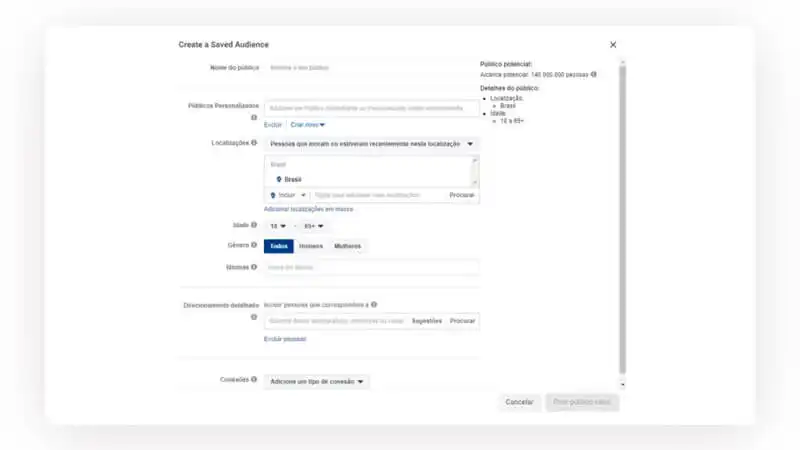 Página de criação de público no gerenciar do anúncios
