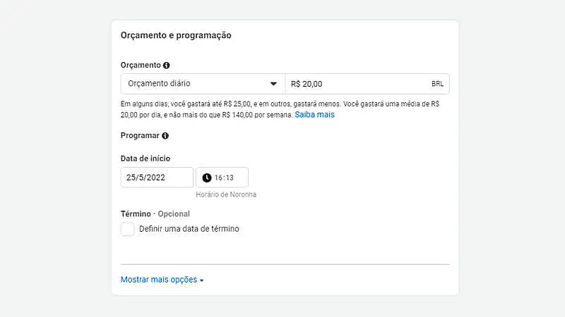configurando horário e orçamento do anúncio no facebook