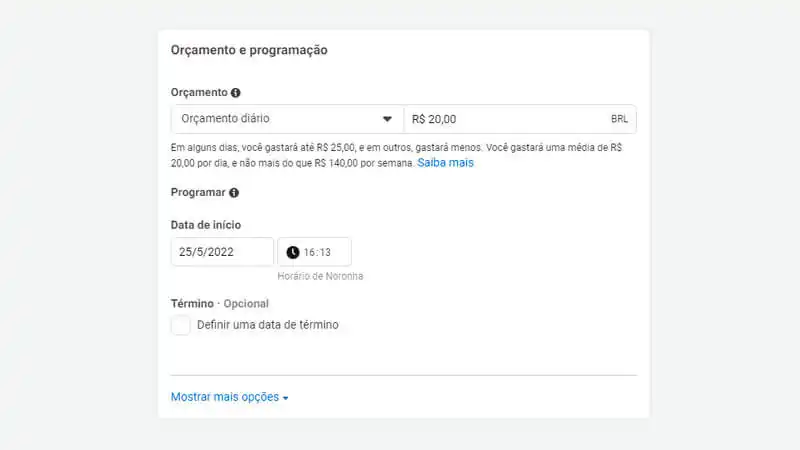 configurando horário e orçamento do anúncio no facebook