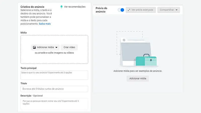 adicionando o criativo para o anúncio do instagram
