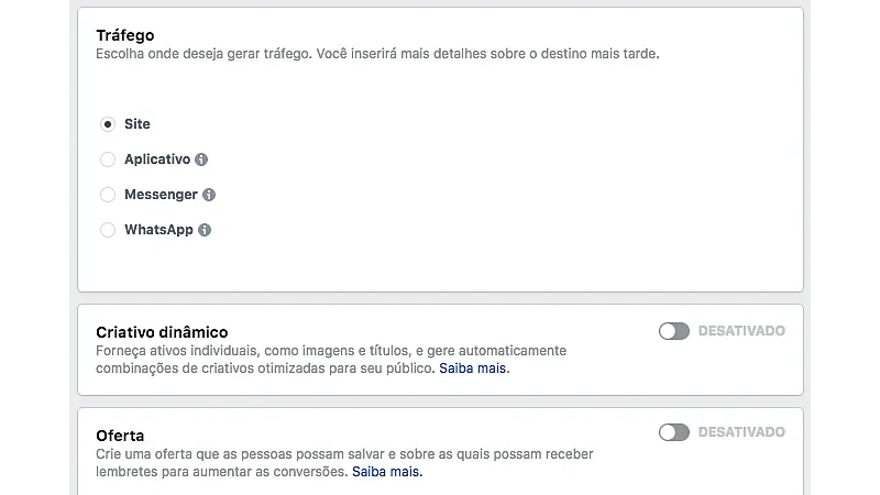 Print Screen de como anunciar no Instagram através do gerenciador de anúncios do Facebook e escolher o destino da sua campanha para gerar tráfego