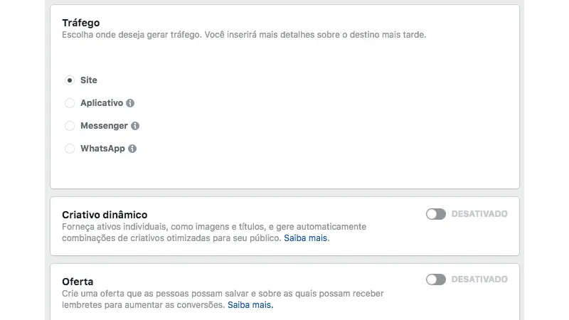 Print Screen de como anunciar no Instagram através do gerenciador de anúncios do Facebook e escolher o destino da sua campanha para gerar tráfego