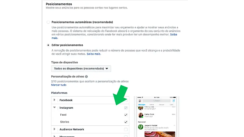 Print Screen de como anunciar no Instagram através do gerenciador de anúncios do Facebook e escolher o destino da sua campanha para gerar tráfego