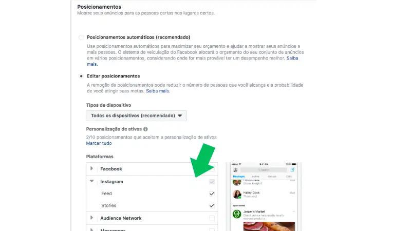 Print Screen de como anunciar no Instagram através do gerenciador de anúncios do Facebook e escolher o destino da sua campanha para gerar tráfego