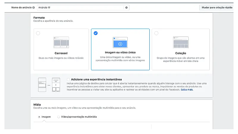 Print Screen de como anunciar no Instagram através do gerenciador de anúncios do Facebook e escolher o destino da sua campanha para gerar tráfego