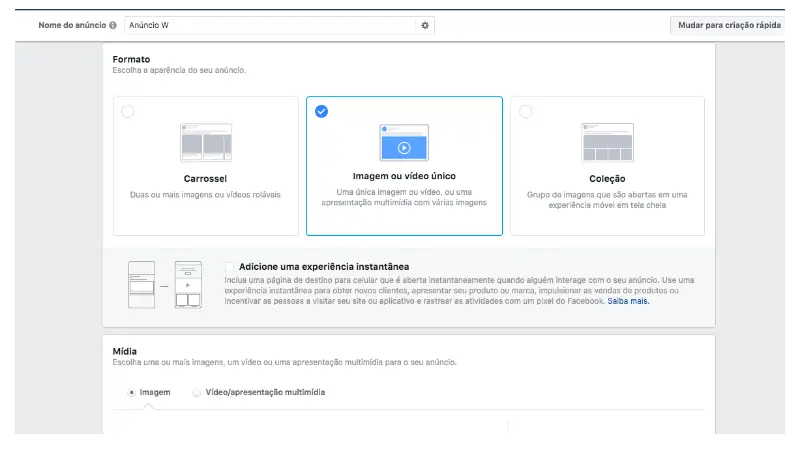 Print Screen de como anunciar no Instagram através do gerenciador de anúncios do Facebook e escolher o destino da sua campanha para gerar tráfego