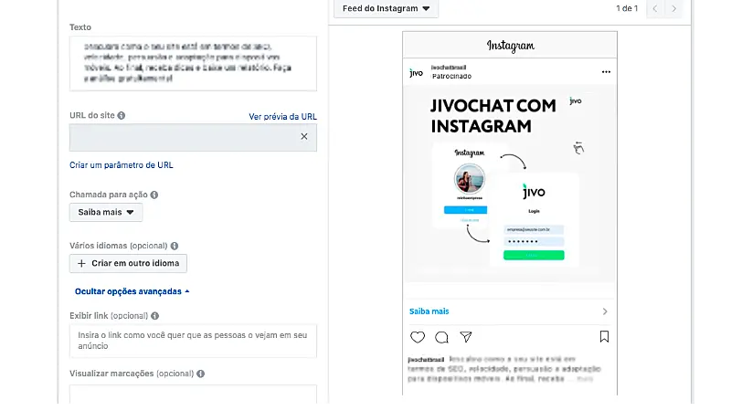 Print Screen de como anunciar no Instagram através do gerenciador de anúncios do Facebook e escolher o destino da sua campanha para gerar tráfego