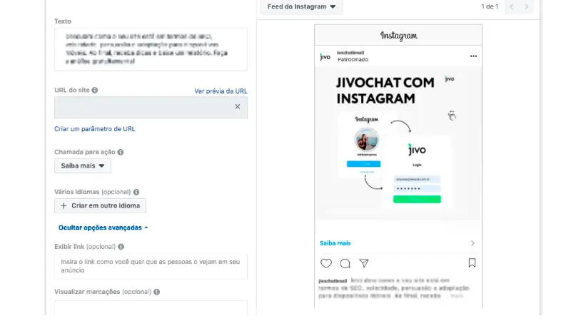 Print Screen de como anunciar no Instagram através do gerenciador de anúncios do Facebook e escolher o destino da sua campanha para gerar tráfego