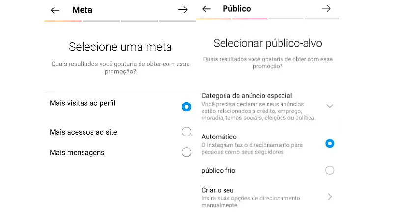 Print Screen de como anunciar no Instagram e definir uma meta