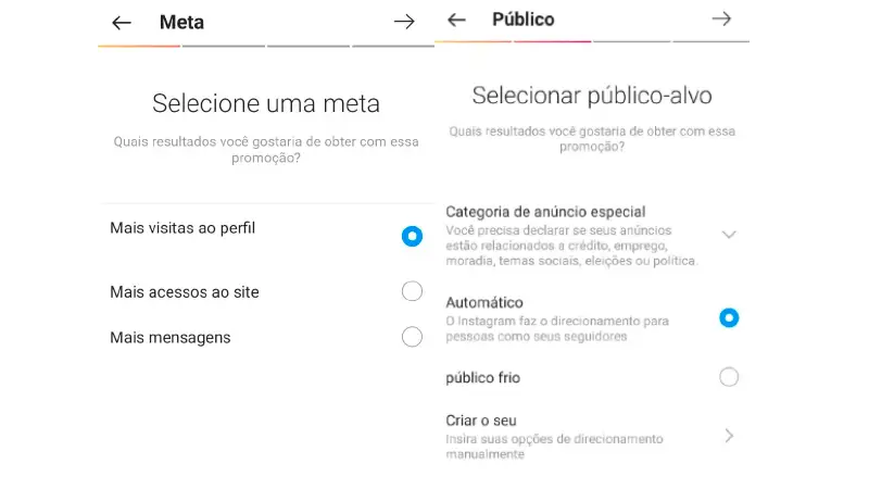 Print Screen de como anunciar no Instagram e definir uma meta