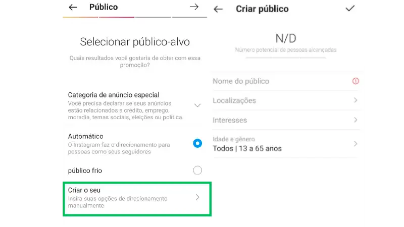 Print Screen de como anunciar no Instagram e definir o seu público