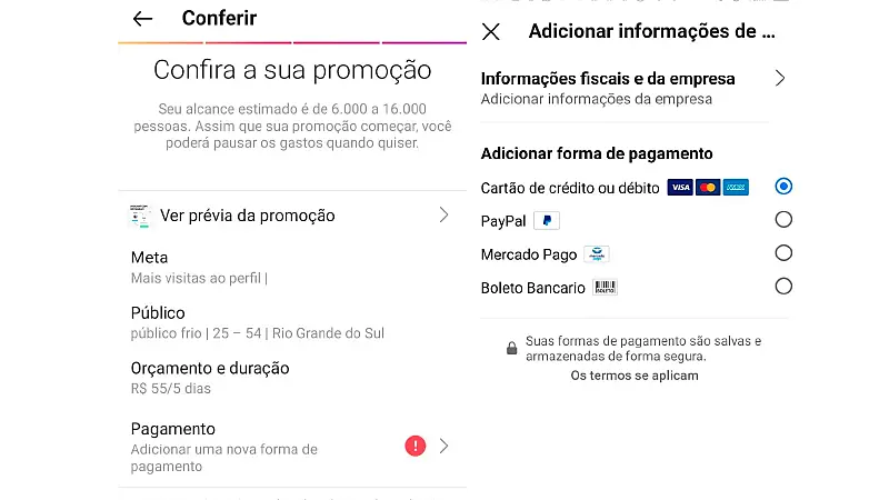 Print Screen de como anunciar no Instagram e definir o orçamento da sua campanha