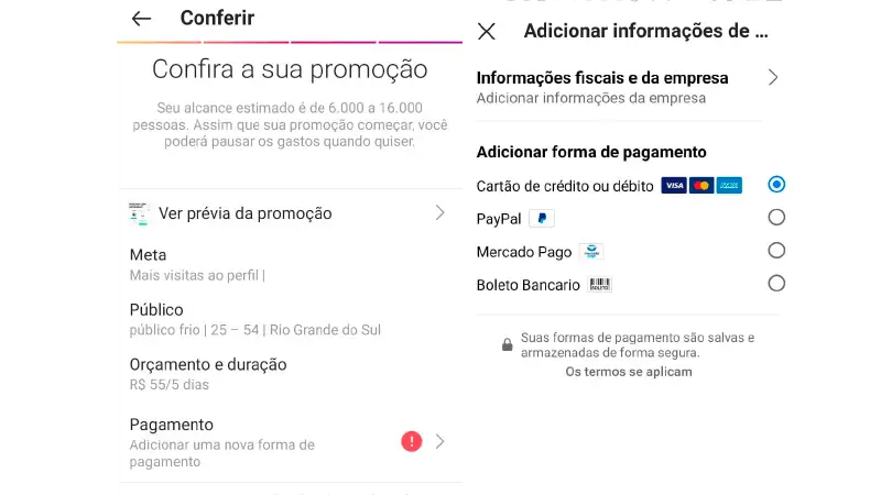 Print Screen de como anunciar no Instagram e definir o orçamento da sua campanha