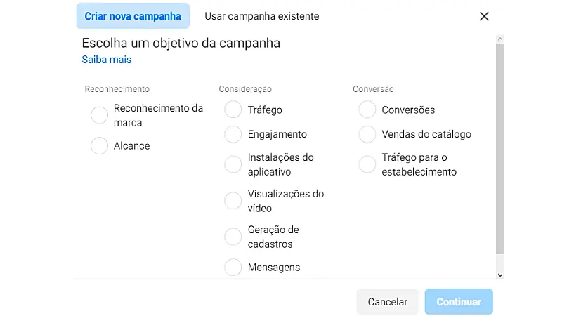 Print Screen de como anunciar no Instagram através do gerenciador de anúncios do Facebook