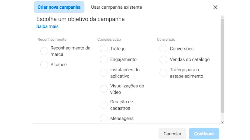 Print Screen de como anunciar no Instagram através do gerenciador de anúncios do Facebook