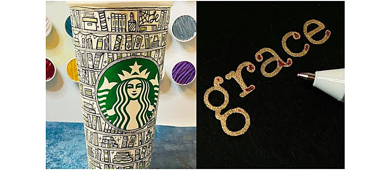 Lettering em um copo do starbucks e em um cartão preto