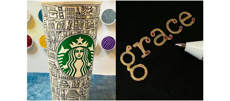 Lettering em um copo do starbucks e em um cartão preto