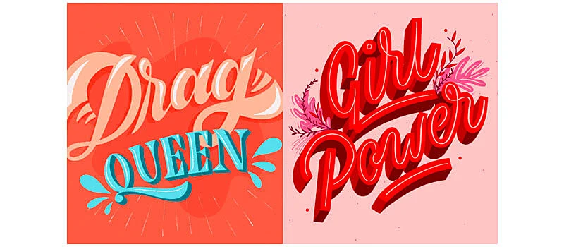 Letterings em 2 estilos diferentes, escrito Drag Queen à esquerda e Girl Power à direita