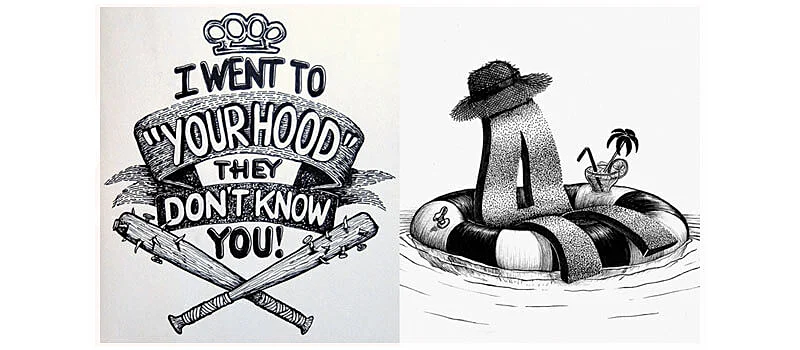 Texto com elementos escrito "I went to yourhood they dont know you" e uma letra A estilizada em uma boia