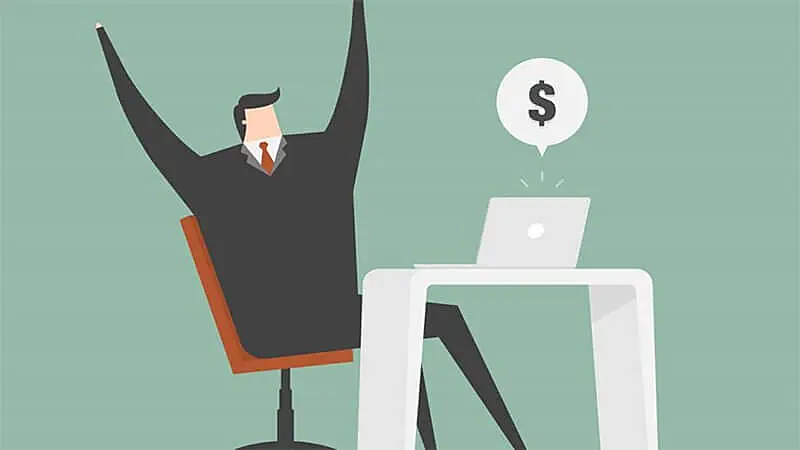 Ilustração de um homem sentado em uma cadeira de frente para um notebook e o símbolo de dinheiro