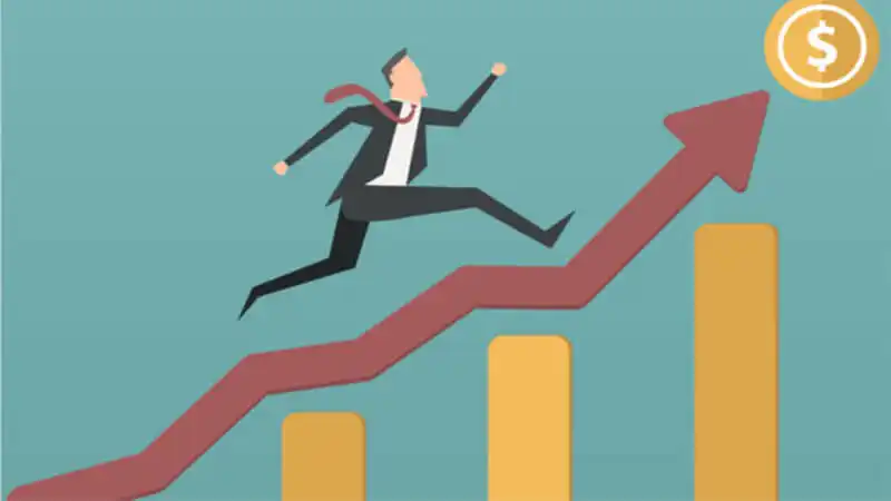 Como aumentar as vendas Ilustração de um homem subindo em uma seta em direção a uma moeda