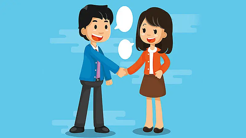 Ilustração de duas pessoas em pé se cumprimentando 