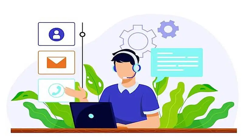 Ilustração de um homem fazendo um atendimento pelo notebook