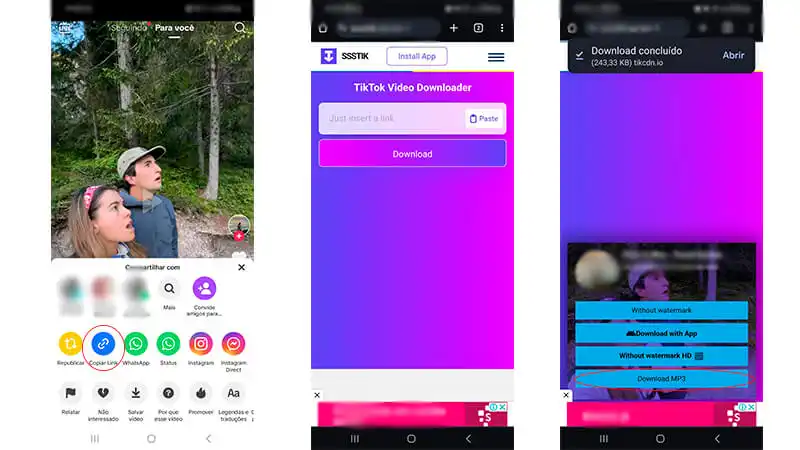 capturas de tela de um celular mostrando como copiar o link de um vídeo do tiktok para transforma-lo em áudio no site SSSTIK