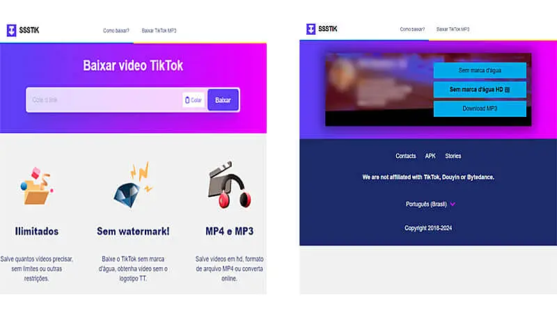capturas de tela mostrando como baixar um áudio do tiktok no site SSSTIK 