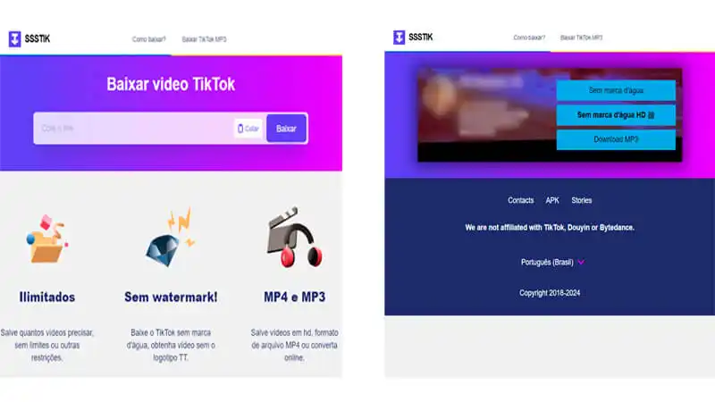 capturas de tela mostrando como baixar um áudio do tiktok no site SSSTIK 
