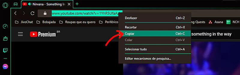 Copiando a URL de um vídeo do YouTube