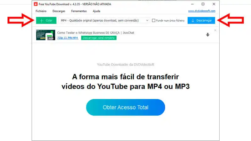 Captura de tela do Free YouTube Download ensinando como baixar vídeos com a ferramenta